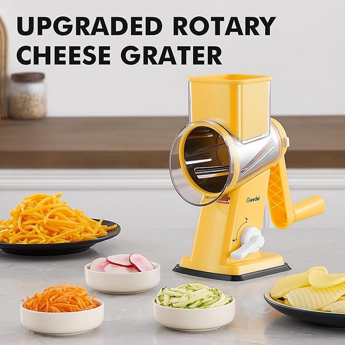 Geedel Rotary Cheese Grater - Upgraded Vegetable Shredder with 4 Interchangeable Blades, Easy to Clean Cheese Shredder with Handle, Kitchen Grater Nuts Grinder for Cutting Cheese, Vegetable, Nuts