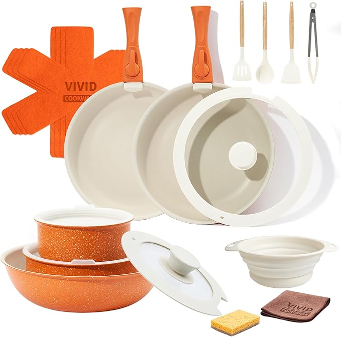 Ceramic Cookware Sets, Pots and Pans Set Nonstick, 22Pcs Induction Cookware, Non-toxic Healthy Non Stick Kitchen Cooking Set with Detachable Handles, PFAS PTFE PFOA PFOS Free (Orange)