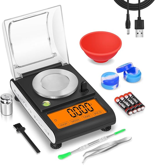 Fuzion Milligram Scale 50g/0.001g, Digital mg Scale with Calibration Weights, Jewelry Scale with Tweezers, Spoon, Bowl, Brush, Micro Scale for Powder, Gold, Herb, Large Display