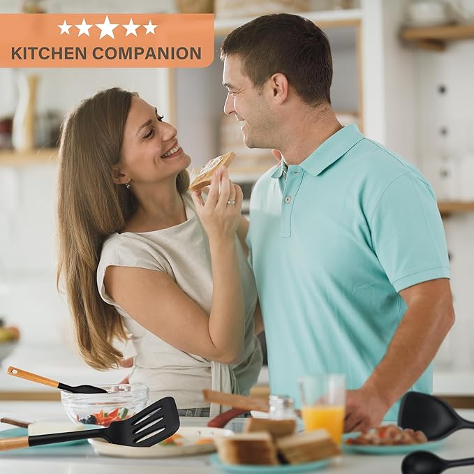 Silicone Cooking Utensils Set, Heat Resistance Large Kitchen Utensils Set with Long Wooden Handle, BPA-free Silicone Spatula, 6 Pcs Cooking Spoons for Non Stick Frying Pans and Pots（Black）