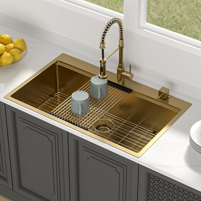 Lordear 36 Inch Gold Kitchen Sink Drop In Workstation Brushed Gold Stainless Steel 16 Gauge Single Bowl Handmade Topmount Kitchen Sink with Cutting Board
