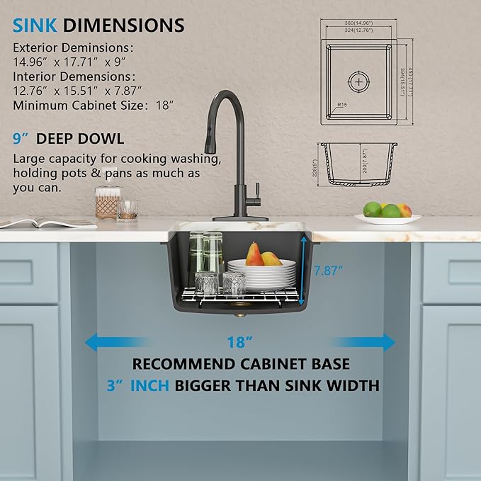 15"x18" Undermount Bar Prep Sink – Matte Black Granite Composite Quartz Classic Under Counter Single Bowl Sink Basin for Wet Bar, RV, Small Kitchen