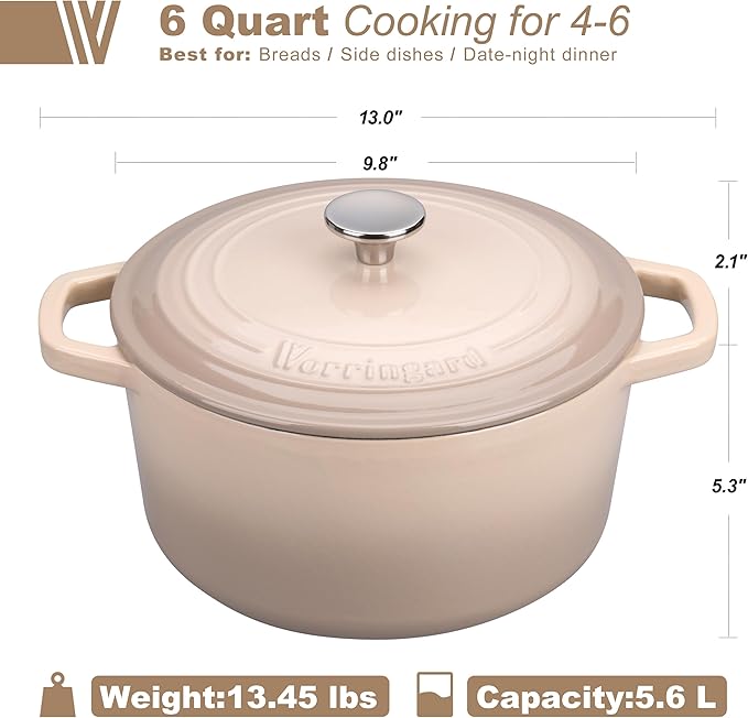Enameled Cast Iron Dutch Oven Pot with Lid, for Bread Baking, Round Bread Oven- include Sourdough Bread Baking Supplies Set, 6QT, Latte