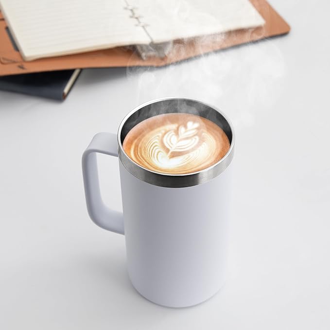 DOMICARE 24oz Mug with Handle and Lid, Stainless Steel Coffee Mug, Reusable Insulated Cup, Travel Mug with Handle, Double Wall Vacuum Coffee Tumbler for Men and Women, White, Pack 1