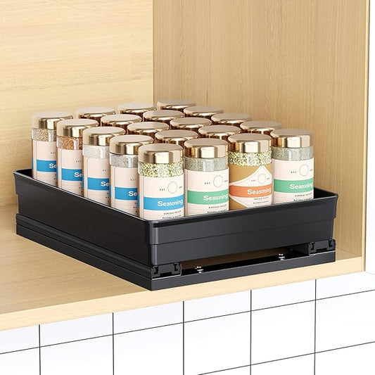 Pull Out Spice Rack Organizer for Cabinet, Slide Out Spice Racks Organizer, Easy to Install Spice Cabinet Organizers, 8.26''Wx10.6''Dx2.7''H, 1 Pack-1 Tier(Black)