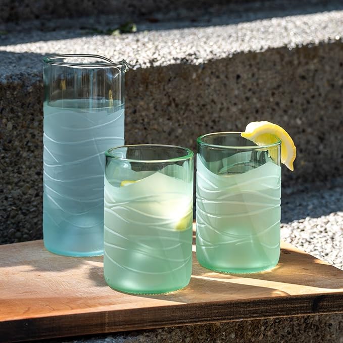 Rolf Glass Glacier Glass Tumbler + Pitcher Set - 12oz Tumbler, 16oz Pitcher | Recycled Glassware | Made in the USA | Antique Green Glass | Eco-Friendly Repurposed Wine Bottles | Set of 3