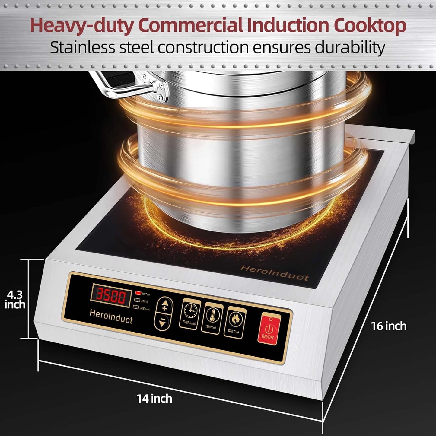 Induction Cooktop 208-240V 3500W Commercial Induction Burner Dual IGBT Modules 8 Heating Level Sensor Push-Button Premium Stainless Steel Housing Crystal Glass Electric Cooktop（Black）