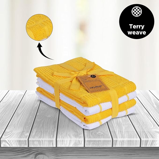 AMOUR INFINI Kitchen Towels Pack of 4 Absorbent, Quick Drying Premium Terry Cotton Dish Towel with Hanging Loop 16x28 Inch Hand & Tea Towels (Yellow)