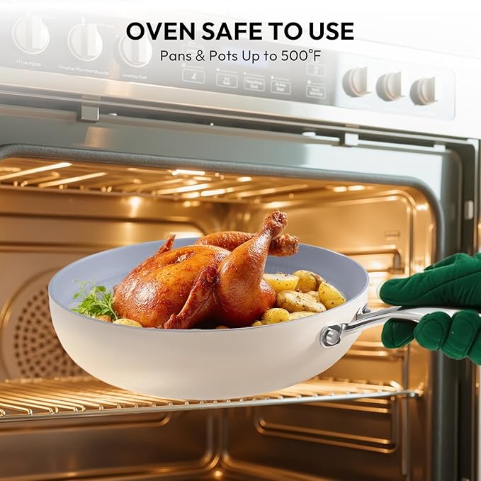 10-Piece Ceramic Nonstick Cookware Set - PFOA-Free Pots and Pans with Glass Lids, Healthy Cooking Easy Clean, Induction Compatible & Oven Safe, Includes Frying Pan, Saucepan, Stockpot - Cream White