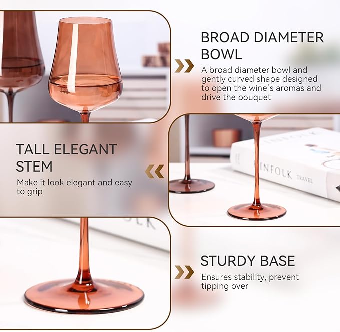 Brown Wine Glasses Set of 6-18oz Hand Blown venus Wine glasses - Unique Gift for Birthday,Wedding, housewarming