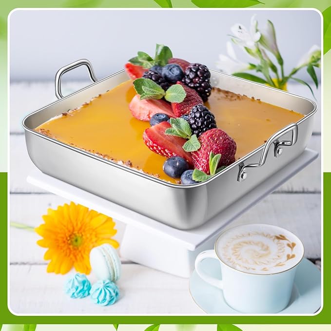 2 Pcs 8" x 8" Square Baking Pan Stainless Steel Cake Pan with Handles Nonstick Brownie Bakeware for Cakes Breads Casseroles Vegetables Dishwasher Safe Birthday Wedding Party
