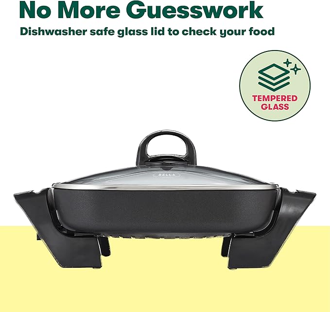 bella Electric Skillet and Frying Pan with Glass Lid, Nonstick Coating, Cool Touch Handles, Removable Heating Probe, Dishwasher Safe, 12 x 12 inch, Black, PFOA & PTFE Free