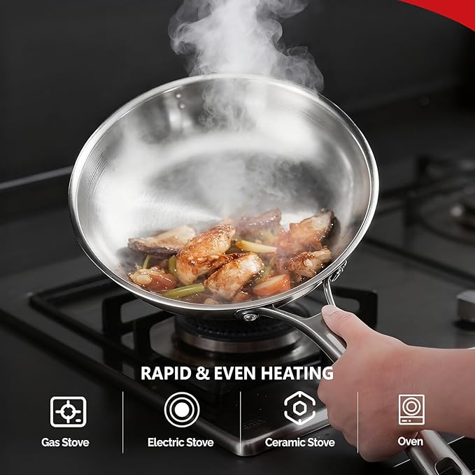 ROVSUN 8-10-12 Inch Stainless Steel Cookware Set, 3 pcs Tri-Ply Skillets Set, Full Clad Stainless Steel Chef's Pan, PFOA & PTFE Free Skillets, Compatible for All Cooktops, Dishwasher & Oven Safe