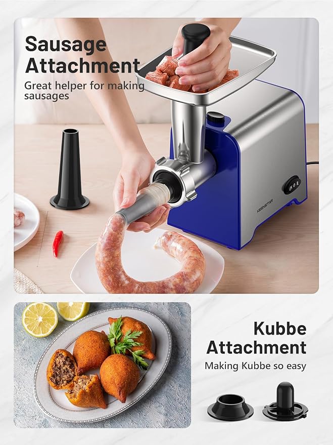Electric Meat Grinder, Sausage Stuffer Maker 450W Food Grinder with Blade & 3 Plates, Sausage Stuffer Tubes & Kubbe Kit, Stainless Steel Meat Mincer Machine for Home Kitchen Use (Blue)