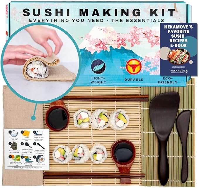 No Plastic Premium Sushi Making Kit for Home, for Beginners or Pro Sushi makers. Made of Premium Wood, includes Tea Cloth, Planet-Friendly - the Best Gift and DIY Home Sushi Kit Experience