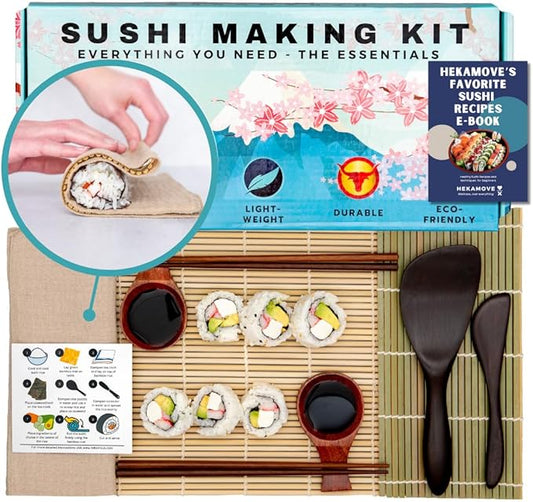 No Plastic Premium Sushi Making Kit for Home, for Beginners or Pro Sushi makers. Made of Premium Wood, includes Tea Cloth, Planet-Friendly - the Best Gift and DIY Home Sushi Kit Experience