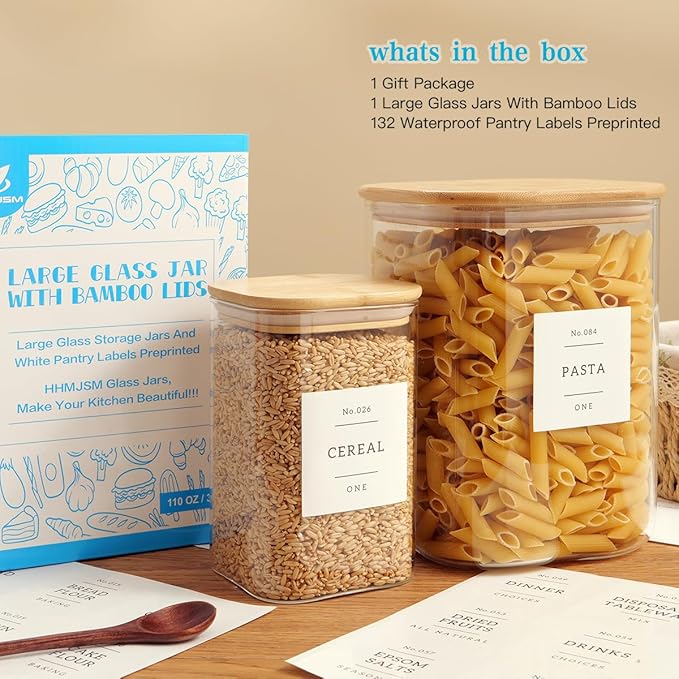 Glass Food Storage Containers with 132 Kitchen Pantry Labels, 110/37 oz Glass Flour and Sugar Containers with Airtight Lids, Large Square Glass Jars with Bamboo Lids for Rice, Pasta, Grains, Cookies
