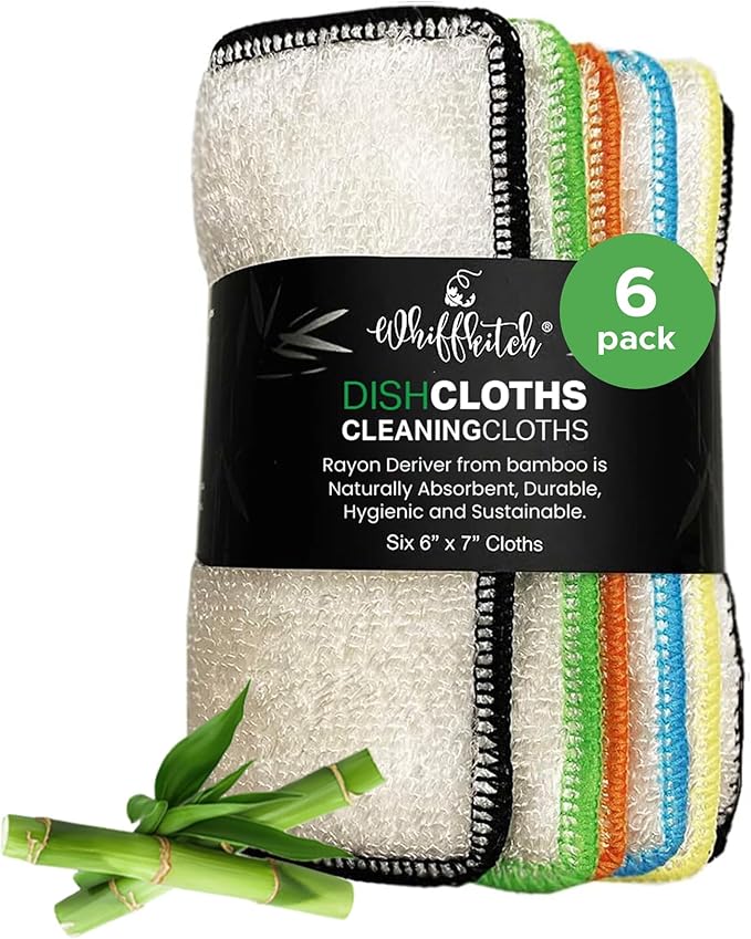 Whiffkitch Dishcloths Dishrags for Kitchen and Household Cleaning 6x7 6-Pack Non-Scratch 2-Ply Weave, Bamboo-Rayon Fabric, Absorbent, Washable, Long-Lasting