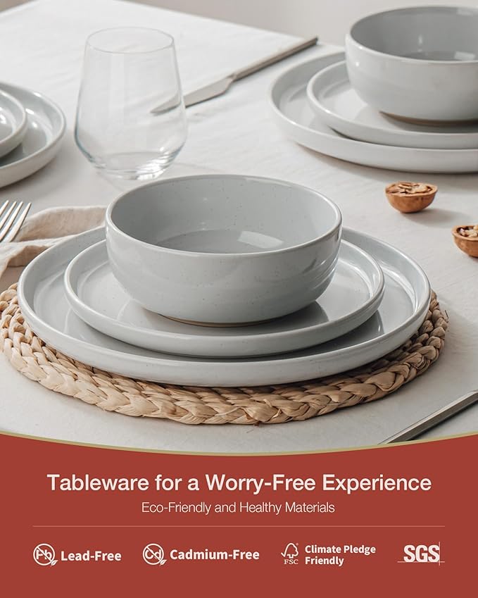 Famiware Milkyway Stoneware Dinnerware Sets with Mugs, Service for 4 (16pcs), Plates and Bowls Sets, Scratch Resistant, Microwave and Dishwasher Safe Dishes Set, Light Gray