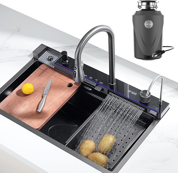 Lefton 304 Stainless Steel Kitchen Sink with Pull-down Faucet, Waterfall & Rainfall Outlet, Temperature Display in Tempered Glass, Grey, KS2206 (29.5"L x 18.25"W (with 1 HP Garbage Disposal))