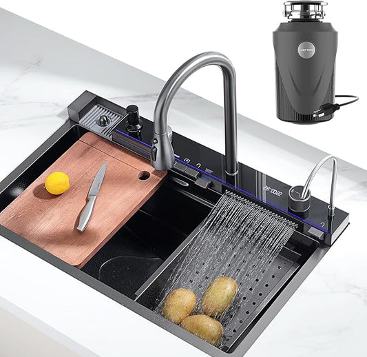 Lefton 304 Stainless Steel Kitchen Sink with Pull-down Faucet, Waterfall & Rainfall Outlet, Temperature Display in Tempered Glass, Grey, KS2206 (29.5"L x 18.25"W (with 1 HP Garbage Disposal))