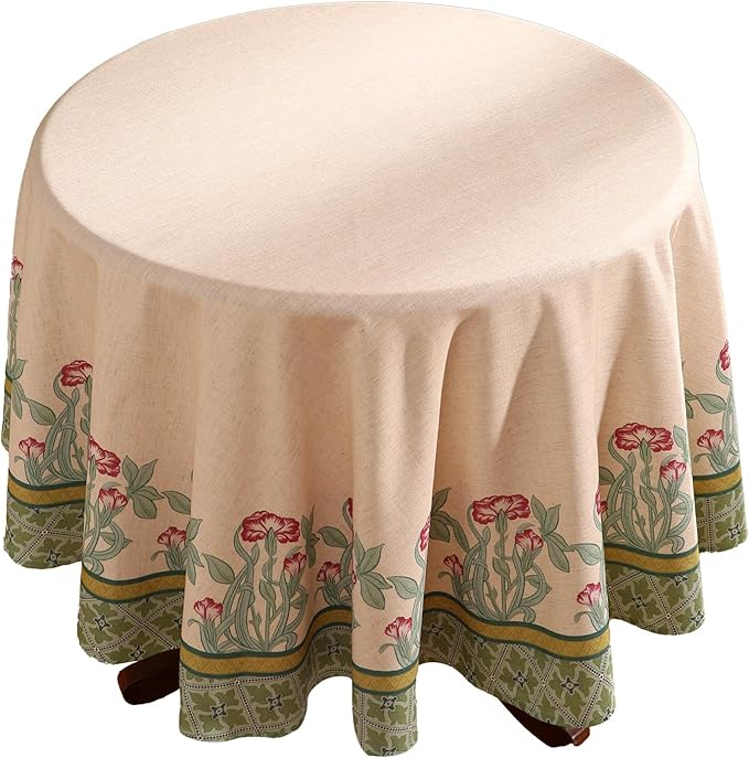 patdrea Designer Green Tablecloth for Round Tables,Vintage Linen with Leaves and Flowers Pattern Tablecloths,Farmhouse Floral Table Cover Cloth Decor for Kitchen Dining Christmas,Diameter 67"