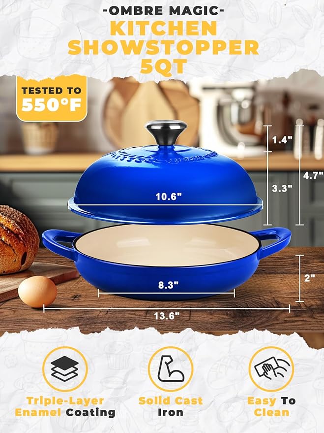 Dutch Oven Bread Baking Pot with Lid 6QT Enameled Cast Iron Oven, Gradient Blue Design & Complete Sourdough Kit (Banneton Basket, Dough Tools, Silicone Sling) for Artisan Bread Making