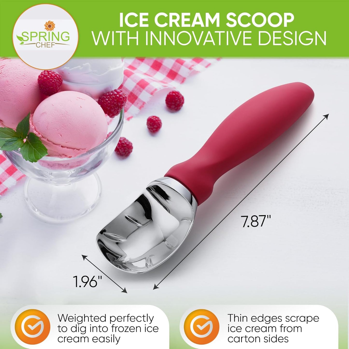 Spring Chef Pink Heavy Duty Ice Cream Scoop with Soft Grip Handle, Professional Ice Cream Scooper, Metal Icecream Spoon for Cookie Dough, Frozen Yogurt, Gelato, Melon - Dishwasher Safe Kitchen Tool