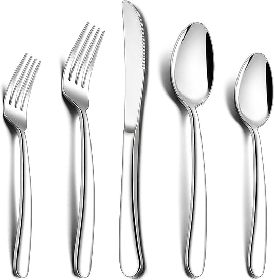 Herogo Heavy Duty Stainless Steel Silverware Set, 30-Piece Fancy Flatware Cutlery Set for 6, Modern Tableware for Home Restaurant Wedding, Heavy Eating Utensils, Mirror Polished, Dishwasher Safe