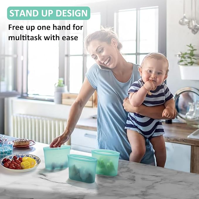 Reusable Snack Bags, 1 Pack, Stand Up 100% Silicone Reusable Storage Bag, Ziplock Silicone Food Storage Containers Snack Size, Freezer Microwave Oven Dishwasher Safe, Aqua, 16oz