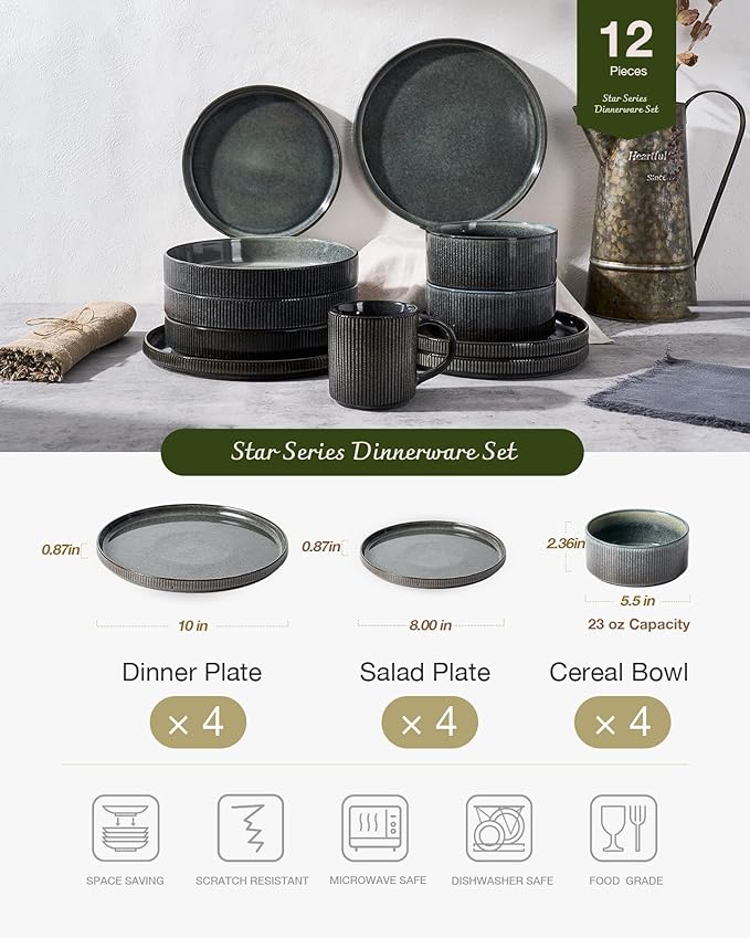Famiware Star Dinnerware Set, Plates and Bowls Sets for 4 (12pcs), Ribbed Stoneware Dishes - Chip & Scratch Resistant, Microwave & Dishwasher Safe, Deep Forest