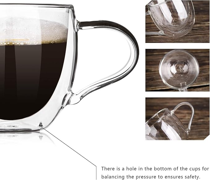 CNGLASS Double Wall Glass Coffee Mugs with Handle,10oz Clear Insulated Glass Espresso Cups for Hot and Cold Beverages,Latte,Cappuccino,Set of 2
