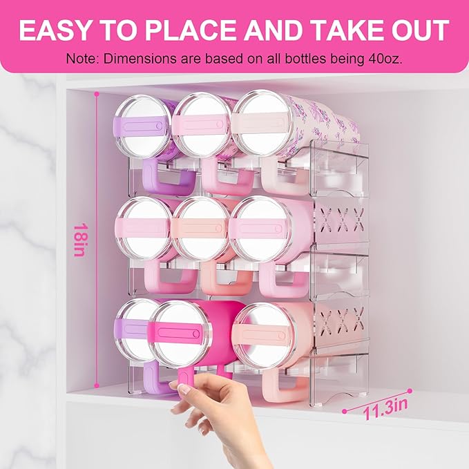 JYPS Water Bottle Tumbler Organizer, Stackable Stanley 40oz with Handle Cup Organizer, Large Water Bottle Holder Stanley Cup Accessories for Cabinet Pantry Kitchen Organizers and Storage(9-Bottle)