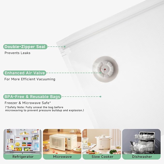 Compact Vacuum Sealer for Food (Vacuum Sealer Machine + 30 Reusable Vacuum Bags), Powerful Handheld Vacuum Sealer Machine, Seal Food 6X Fresh Longer, Portable & Wireless, Easy-Clean