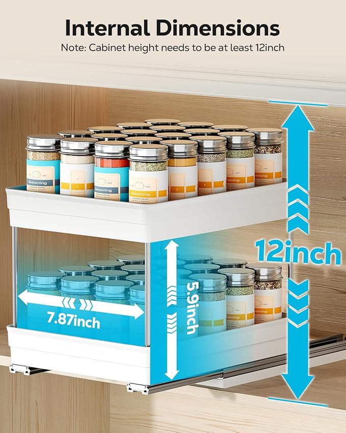 Nieifi Spice Organization for Cabinet-Vertical Spice Rack Pull Out-Spice Rack Organizer for Cabinet-8-1/4 inch Wide-Seasoning Kitchen Organizer-8.26" W x 10.6" D x 8.7" H-1 Pack-2 Tier