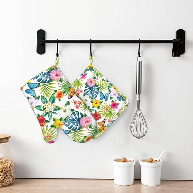 Tropical Floral Flower Leaves Butterfly Oven Mitts and Pot Holders Set of 4 Silicone Kitchen Mitten Gloves and Non-Slip Potholders Set Heat Resistant Oven Gloves Hot Holders for Kitchen
