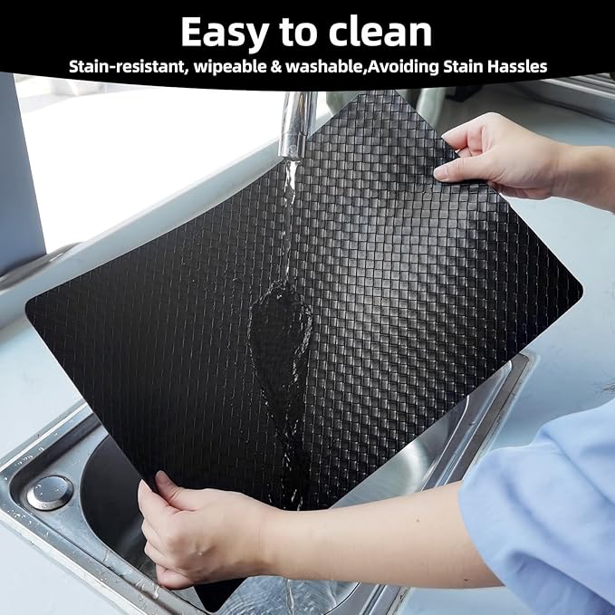 Vinyl Placemats Set of 6-12×17.7 Inch Waterproof & Heattable Placemats, Fall Faux Leather Wipeable Outdoor Table Mat for Dining, Kitchen, Indoor Outdoor Use (Black, Woven Pattern)