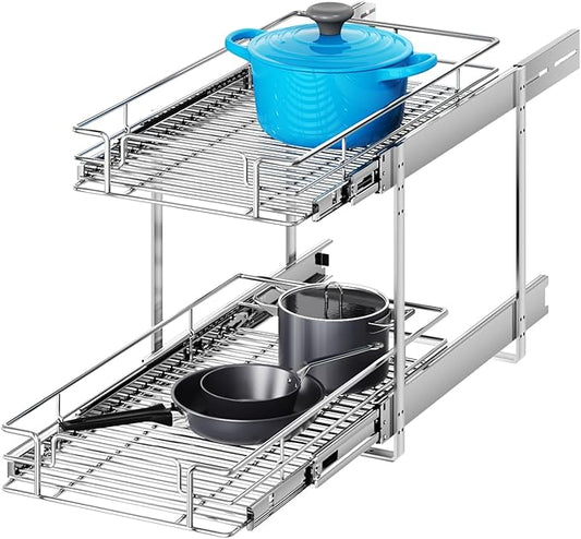 2 Tier Individual Pull Out Cabinet Organizer 12½" W x 21½" D, Heavy Duty Cabinet Pull Out Shelves, Slide Out Drawers Organization for Kitchen Cabinets Bathroom