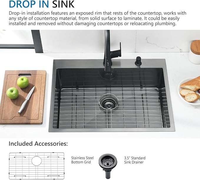 28 Inch Drop In Black Stainless Steel Kitchen Sink, Doirteal 28 x 22 x 10 Inch Matte Black Kitchen Sink 16 Gauge Stainless Steel Topmount Single Bowl Sink Single Basin with Bottom Grid