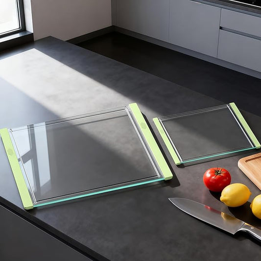 Tempered Glass Cutting Board Set for Kitchen Counter - Dishwasher Safe with Juice Grooves, Non-Slip Silicone Edges & Beveled Grip - 16"x12" & 12"x8" Serving Tray (Green)