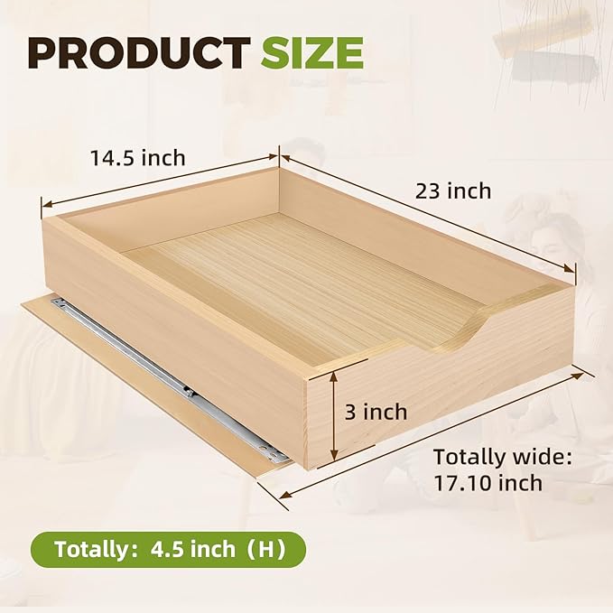 Pull Out Drawers for Cabinet 14.5" W x 23" D x 4.5" H Wood Slide Out Organizer and Storage Kitchen Cabinet Drawers Slide Out Shelves Pull Out Shelves in Kitchen Pantry Bathroom with Soft Close