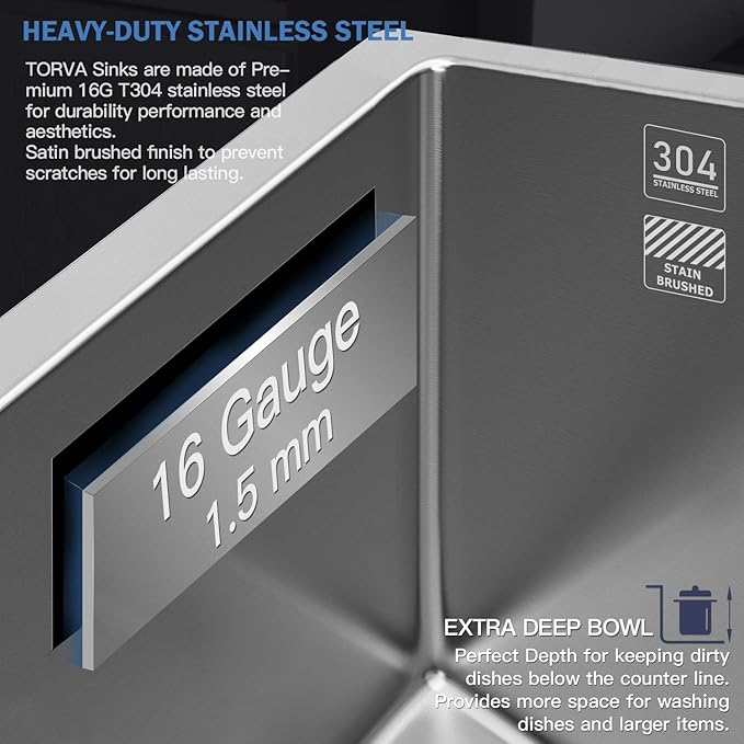 TORVA 28-Inch Undermount Kitchen Sink, Premium 304 Stainless Steel Bar Sink - 10 Inches Deep Basin Single Bowl Sink