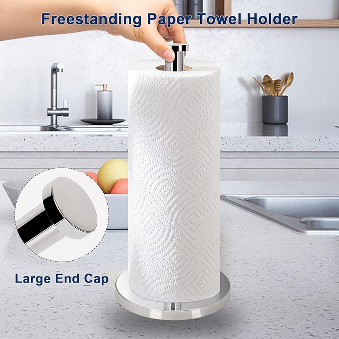 NearMoon Standing Paper Towel Holder, Kitchen Paper Towel Tissue Holder- for Bathroom Countertop, Standard or Jumbo-Sized Roll Paper (with Stainless Steel Base, Chrome Finish)