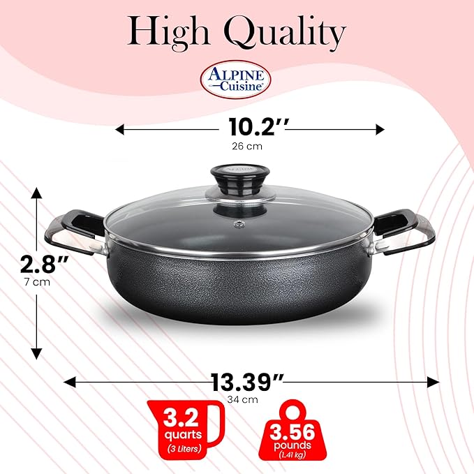 Alpine Cuisine 3.2 Quart Non-stick Caldero Stock Pot with Tempered Glass Lid and Carrying Handles, Multi-Purpose Cookware Aluminum Low Pot Dutch Oven for Braising, Boiling, Stewing