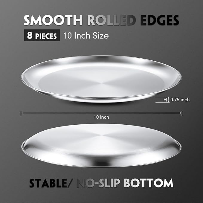 Thenshop 8 Pieces 10 Inch Pizza Pans Bulk Stainless Steel Sets Round Bakeware Pizza Trays for Oven Kitchen Baking Home Restaurant Picnics Holiday Activities Safe Sturdy Reusable Easy Clean(Silver)