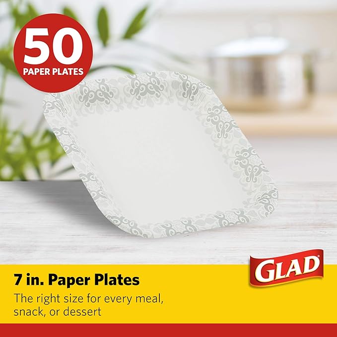 Glad Square Disposable Paper Plates, Grey Victorian Pattern - Strong, Sturdy, Soak Proof, and Microwavable Decorative Plates for Dinner and Everyday Use, 7 Inch, 50 Count