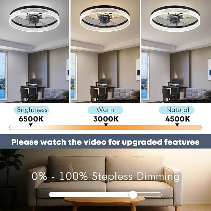 20‘’ Ceiling Fan with Light, Upgraded Low Profile Fan, Flush Mount Ceiling Fan, 6 Speeds, Dimmable LED, App & Remote Control, Quiet DC Motor, for Bedroom, Living Room, F093 Black-D