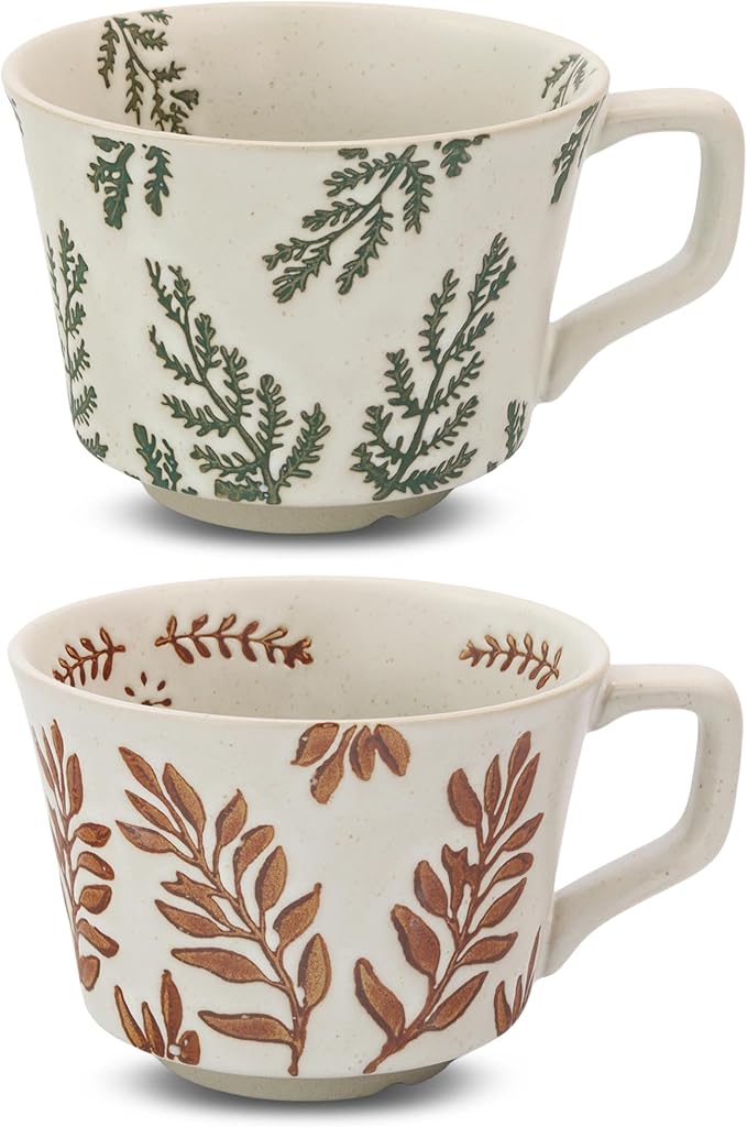 Ceramic Coffee Mug, 12 oz Novelty Unique Teacup with Large Handle, Stoneware Cup for Tea Mocha Latte Cappuccino Espresso (Set of 2, Ivy and Leaf)