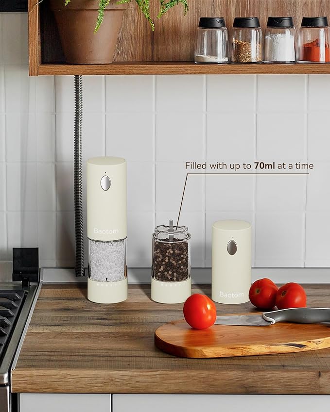 Electric Salt and Pepper Grinder Set with Dual Charging Base, 6 Adjustable Coarseness Levels & External Grind Settings, One-handed Operation Salt and Pepper Mills with LED Light,Beige