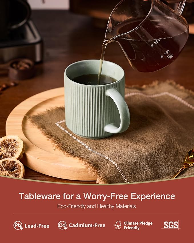 famiware Coffee Mug Set for 4, Star 12 oz Catering Mugs Cup Set with Handle for Coffee, Tea, Cocoa, Milk - Ceramic Stoneware Drinkware Set, Matte Green